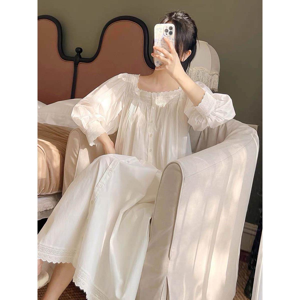 纯棉甜美宫廷公主风春秋长袖睡裙女方领赫本风长裙睡衣全棉家居服