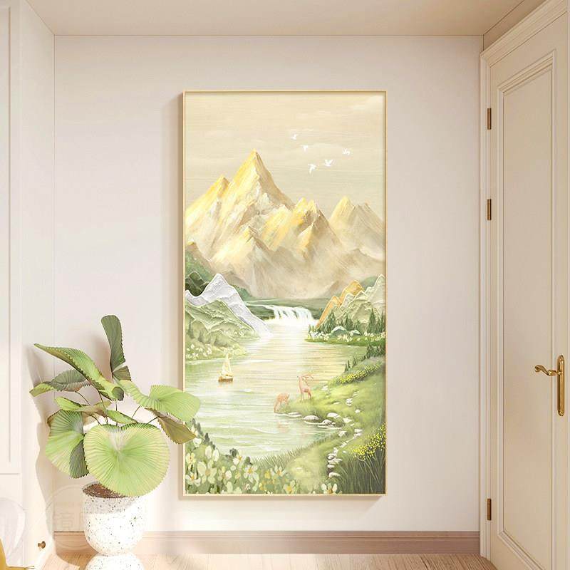 聚宝盆山水画 画玄关装饰画 画原木风入户走廊过道挂画 画竖版日