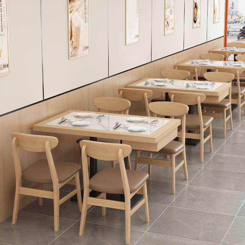 *米村拌饭同款桌椅实木快餐桌子带抽屉小吃店商用卡座桌椅组合