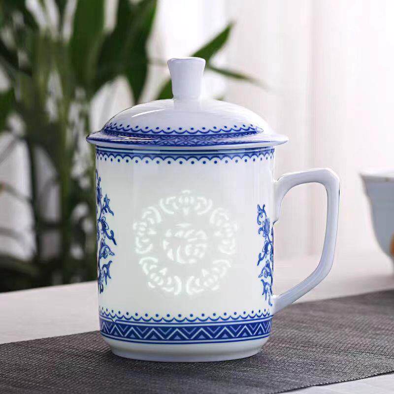 景德镇青花玲珑茶杯陶瓷带盖办公杯会议杯家用水杯礼品用瓷个人杯