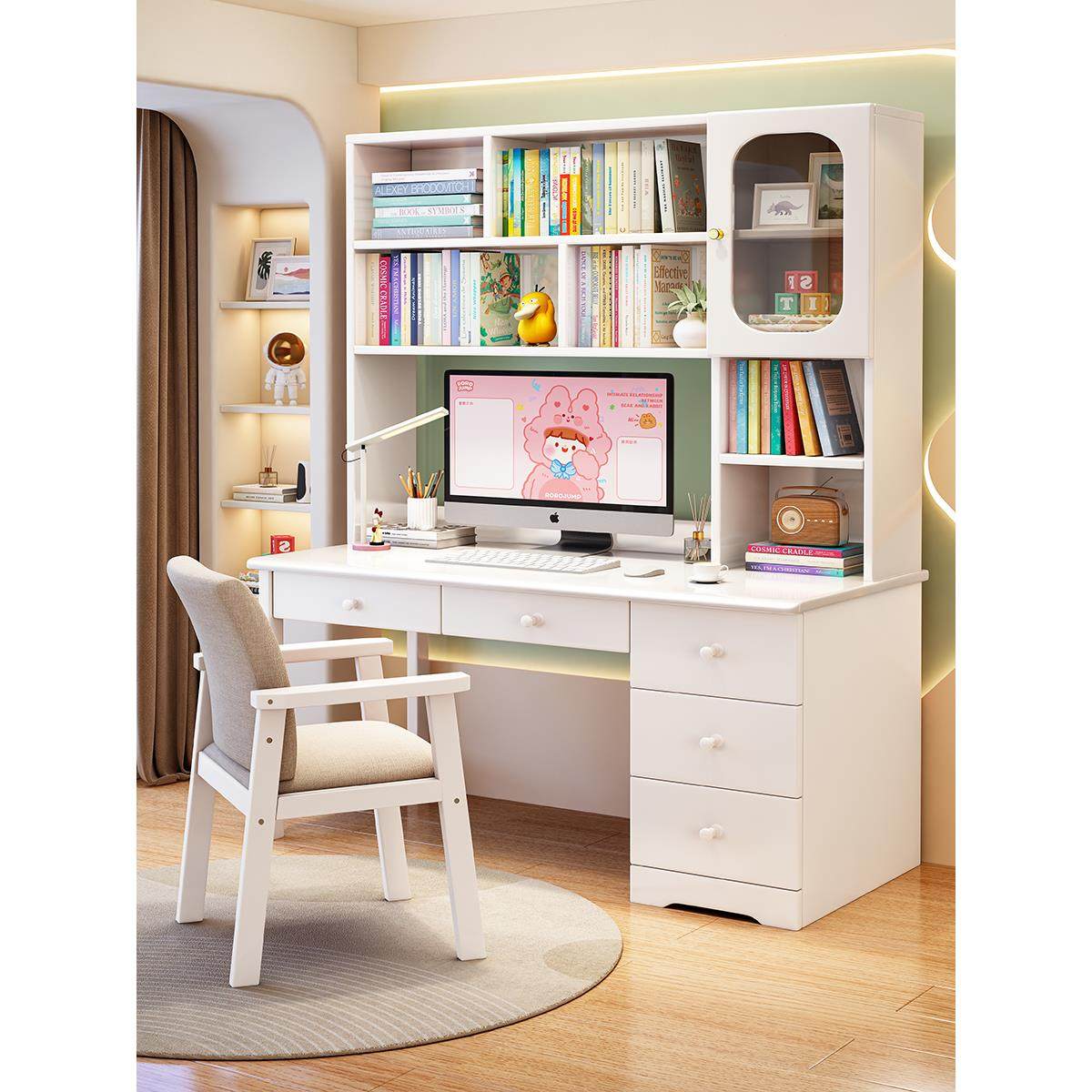 实木书桌和书柜组合卧室电脑桌儿童写字台简单的家庭学习桌椅套装