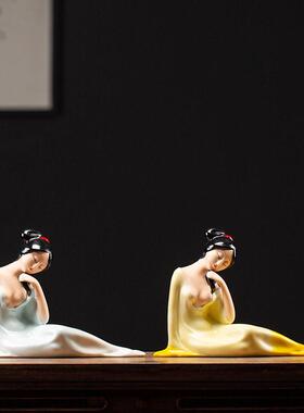 手工陶瓷仕女摆件中式风格桌面摆设 家居博古架展示装饰