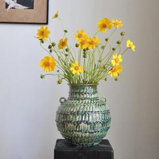 新中国风手工陶瓷花瓶插花陶瓷指压板粘土装饰品瓦比萨比风格民房