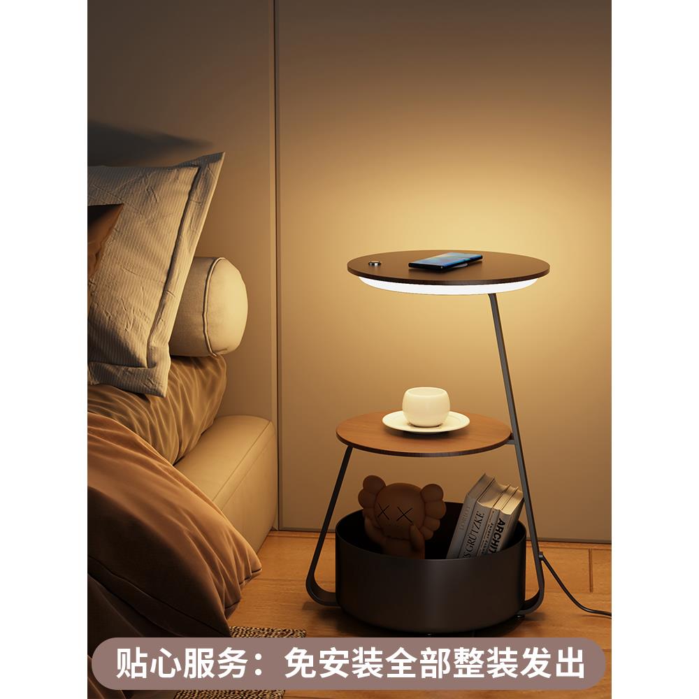 沙发旁边几客厅实木床头侧边柜移动中古创意小圆桌子置物茶几带灯