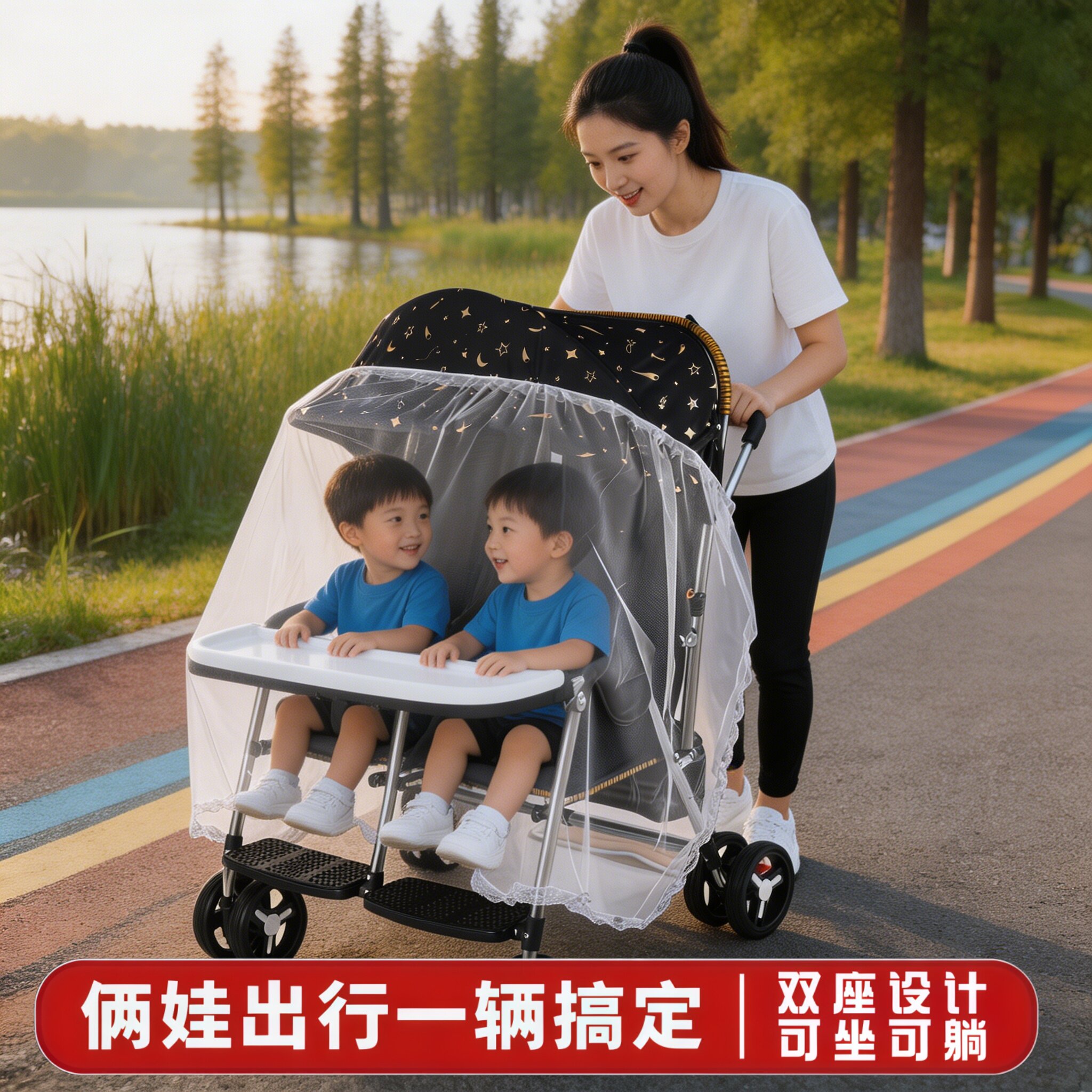 双胞胎藤编推车夏季透气带蚊帐可坐可躺童车轻便推把童车双人婴儿