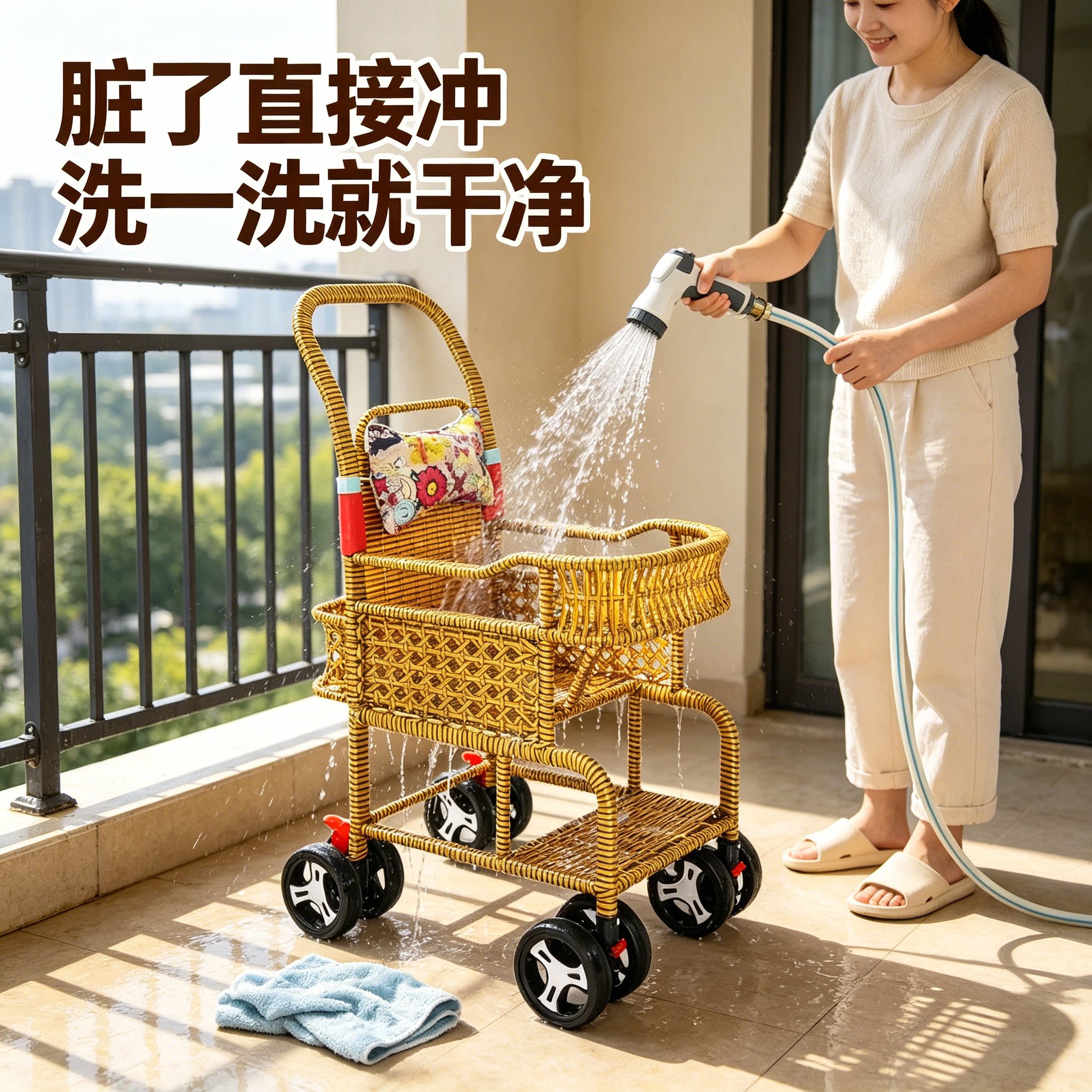 全车可水洗藤编小推车轻便折叠