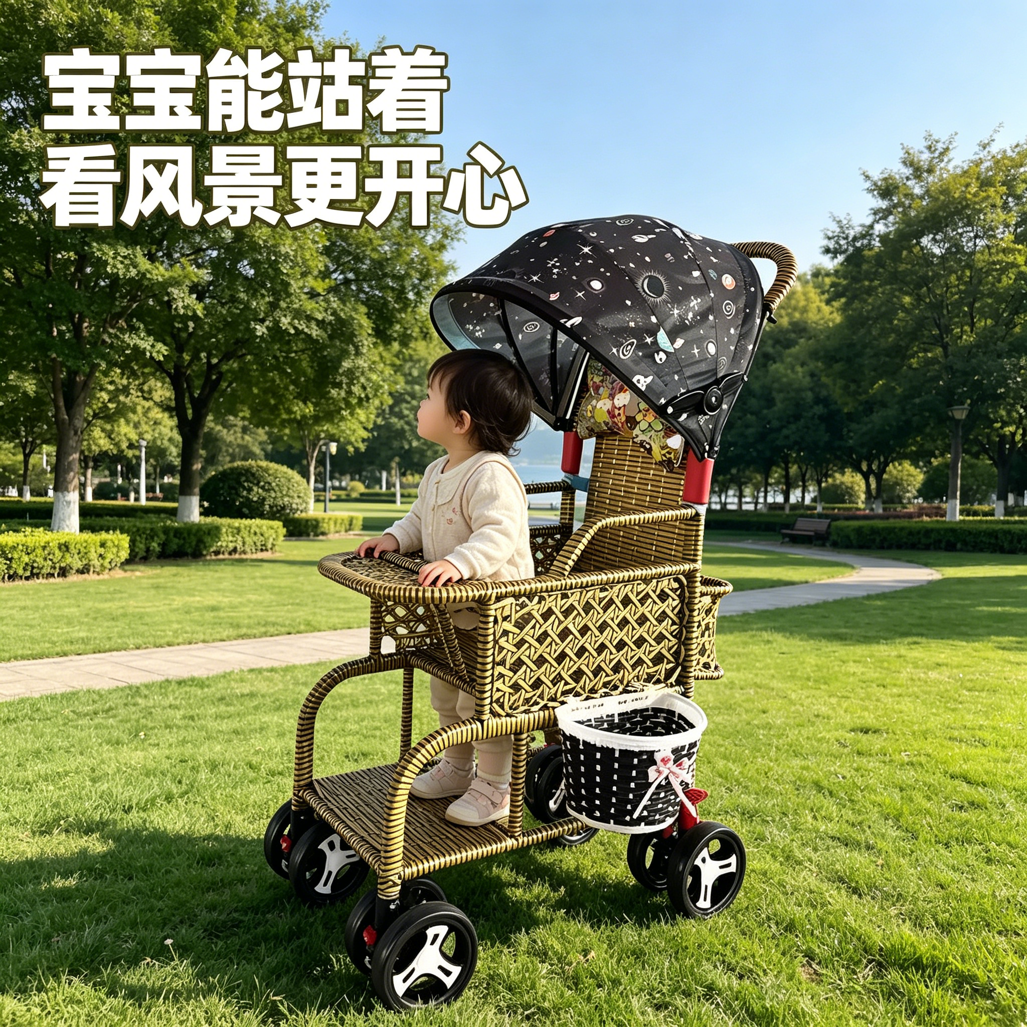 藤编推车宝宝能站着看风景更开心高性价比送凉席蚊帐可躺手推车