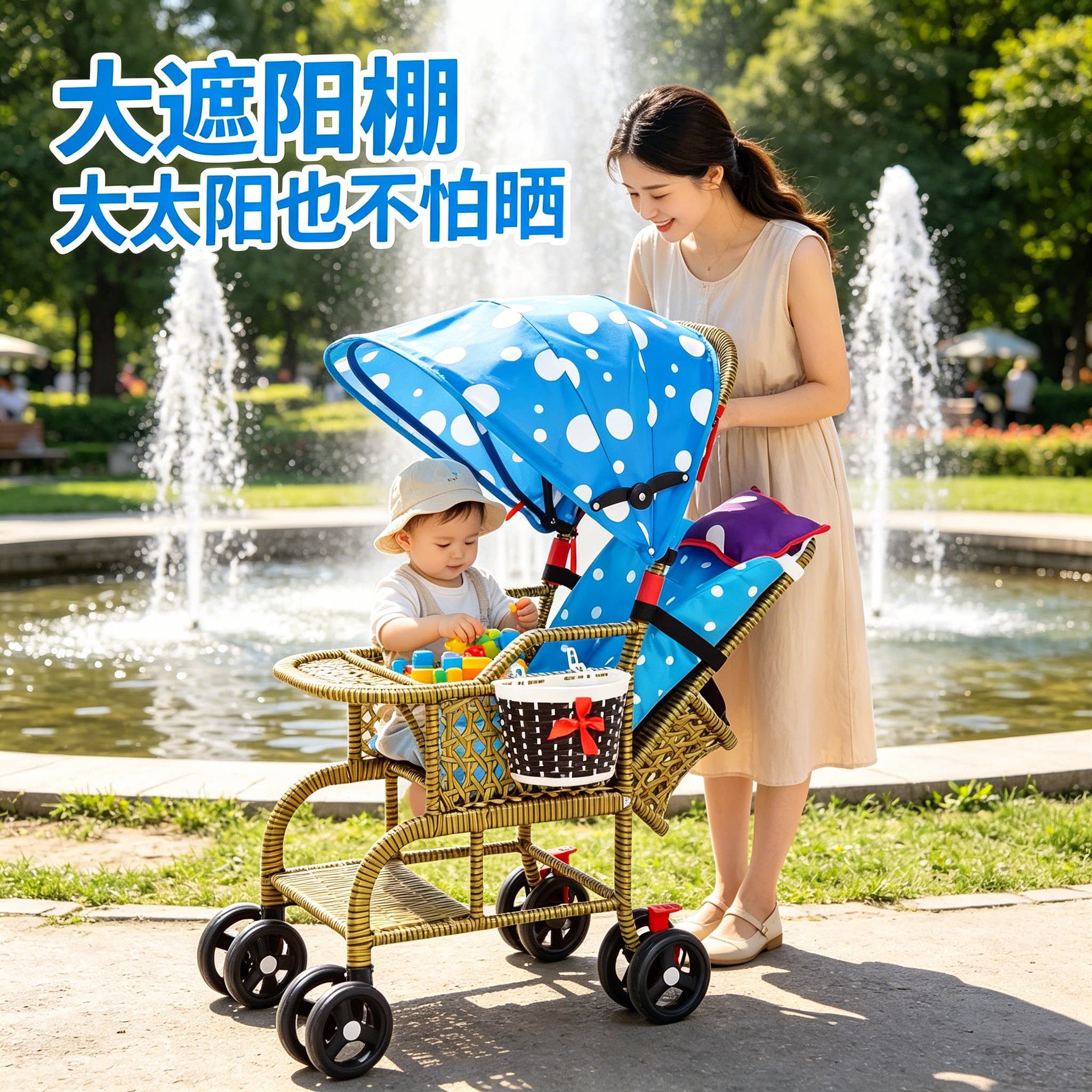 大遮阳棚防晒藤编婴儿推车加高护栏可坐可躺防紫外线夏季透气车
