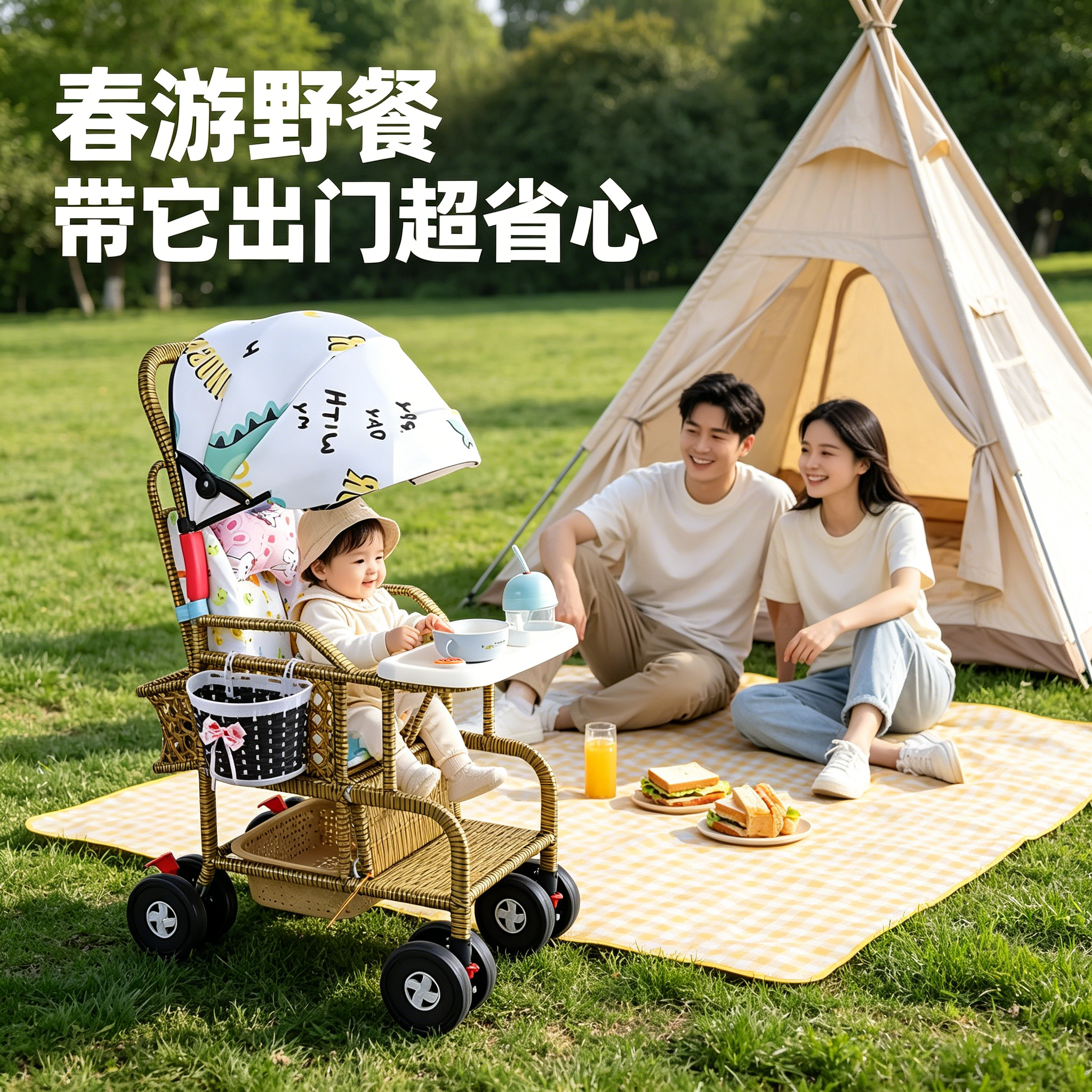宝妈解放双手藤编推车春游野餐带它出门超省心可坐可躺折叠车