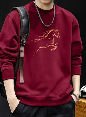 简木迹2026年马年本命年酒红色圆领卫衣男加绒加厚情侣外套男上衣