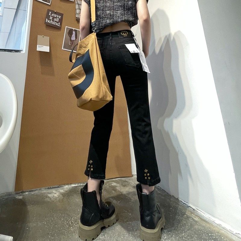 秋冬新款蓝色牛仔烟管裤女八分高腰显瘦开叉裤脚小个子直筒裤靴裤