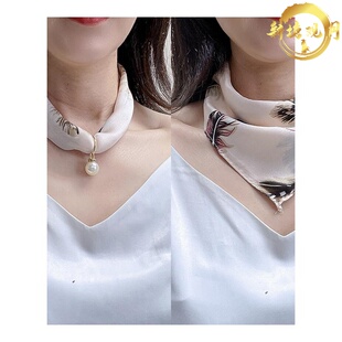 饰珍珠吊坠 复古韩国春秋百搭小领巾女装 细窄丝巾项链短款 磁扣夏季