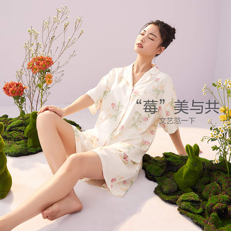 2023年新款夏季纯棉睡衣女开衫短袖短裤可爱草莓可外穿家居服套装