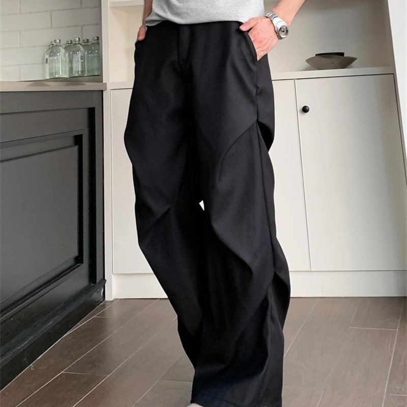 TWORED美式小众褶皱拖地微喇休闲裤高级感宽松直筒垂感黑色西裤男