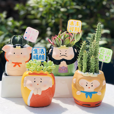 多肉花盆可爱卡通西游记师徒人物造型小摆件小盆栽易养幼儿园diy