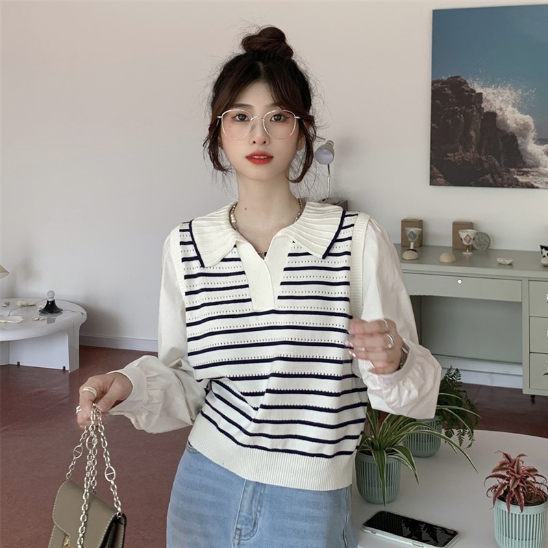 大码胖妹妹假两件拼接polo领针织衫女春秋新款设计感条纹长袖上衣