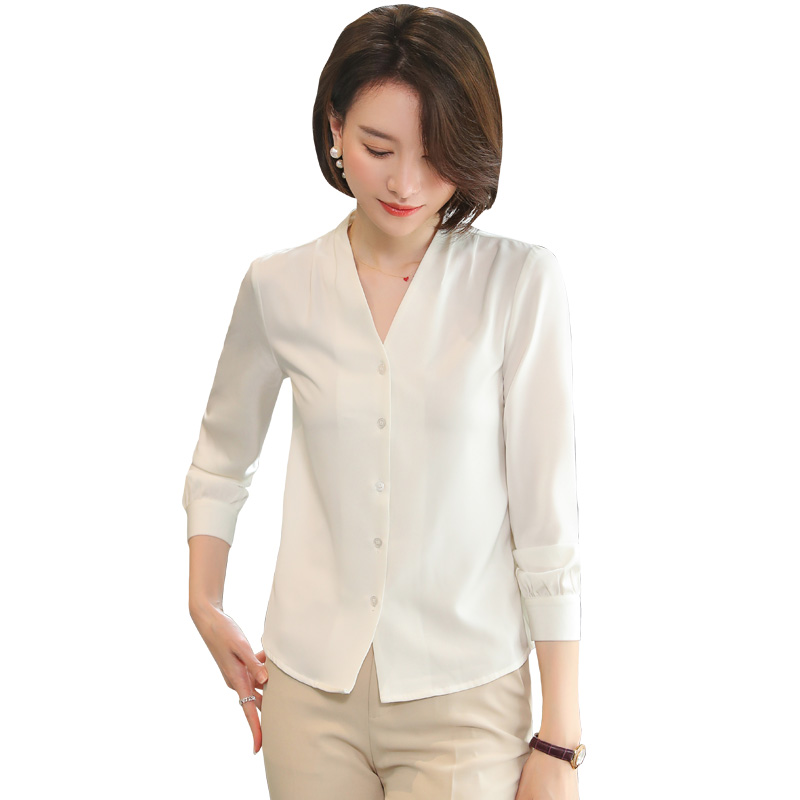 白色V领衬衫女长袖2021春秋大码西服衬衣职业西装打底内搭上衣新