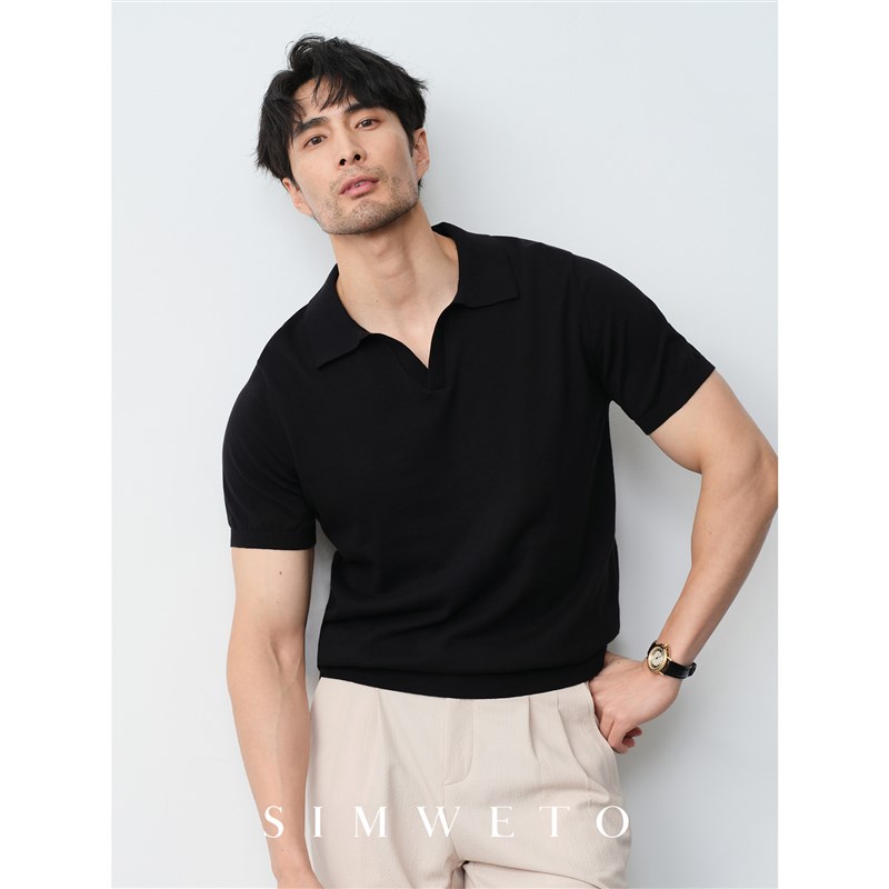 夏季绅士百搭 纯棉V领针织T恤男士休闲商务高级感黑色短袖polo衫