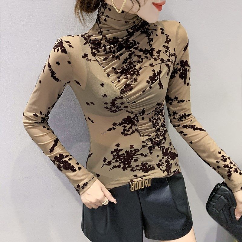 复古长袖T恤女装气质植绒网纱上衣紧身内搭高领加绒打底衫女秋冬