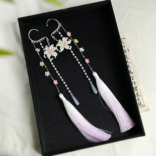 汉服百合耳挂超仙花朵仙气飘飘长流苏渐变古装古风耳坠耳饰品配饰