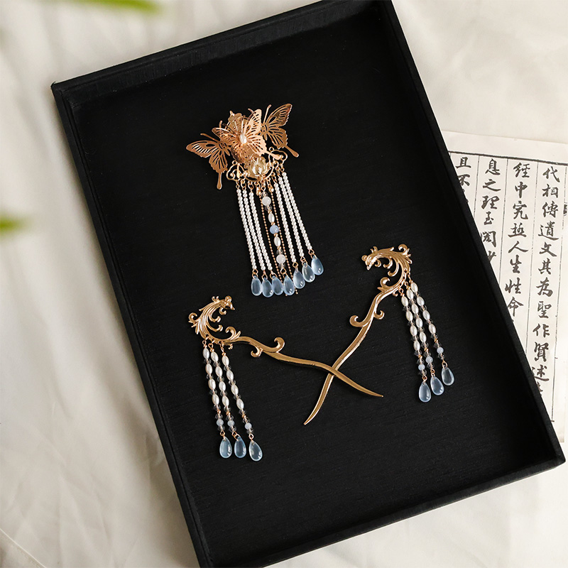 汉服发饰后压流苏凤簪华丽发簪古代头饰套装蝴蝶发夹对簪百搭簪子