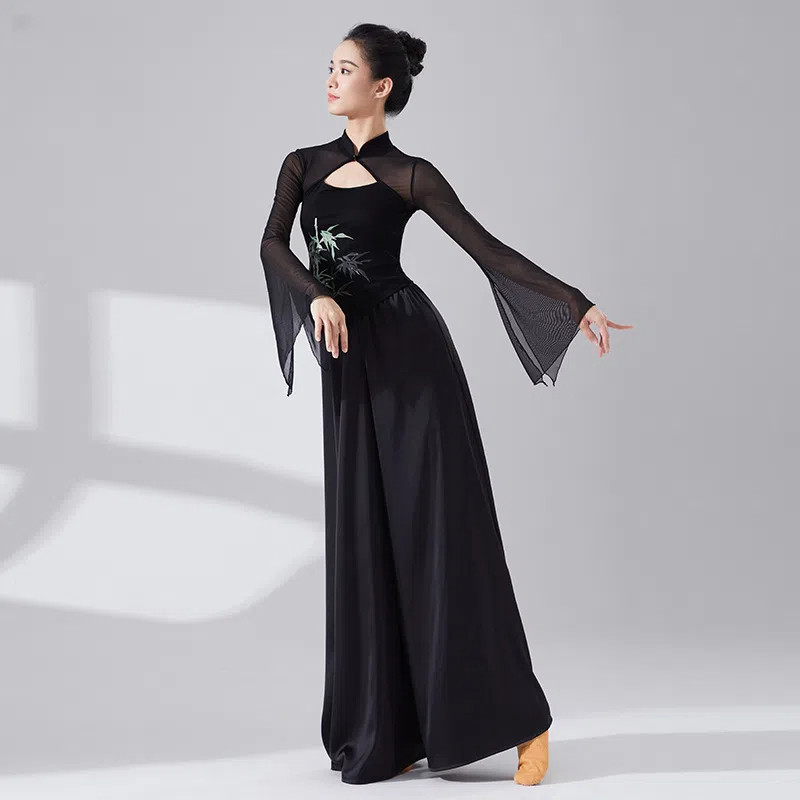 中国风古典舞蹈服装练功演出服女旗袍领飘逸喇叭袖绿竹上衣