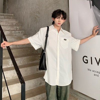 垫肩短袖白色衬衫男高级感古巴领dk制服性张力穿搭7七分袖衬衣夏