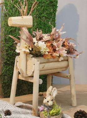 铁艺屏风木质小鹿草编兔子组合橱窗幼儿园自然角装饰摆件花园布置