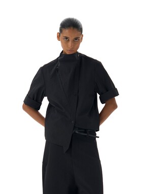 BEVAN UP黑灰格皱 立体荡领 多形态3D剪裁防晒中袖衬衫