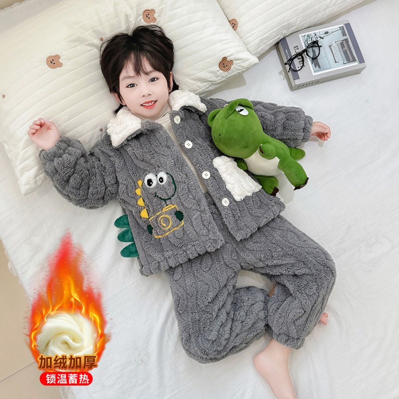 儿童睡衣秋冬男童法兰绒加绒加厚中小童男宝冬季珊瑚绒家居服套装