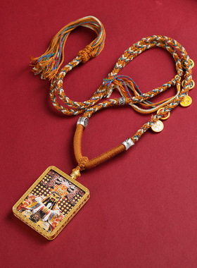 金色五爷唐卡吊坠画像藏式挂坠手工编织五路财神棉绳寺庙文创