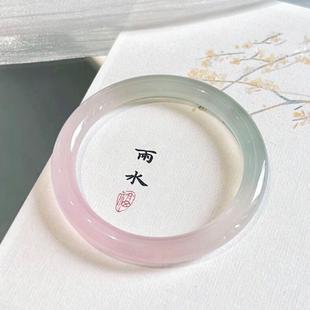 半山半水玛瑙玉髓手镯现货渐变翡翠色8mm圆条玉镯马卡龙手镯