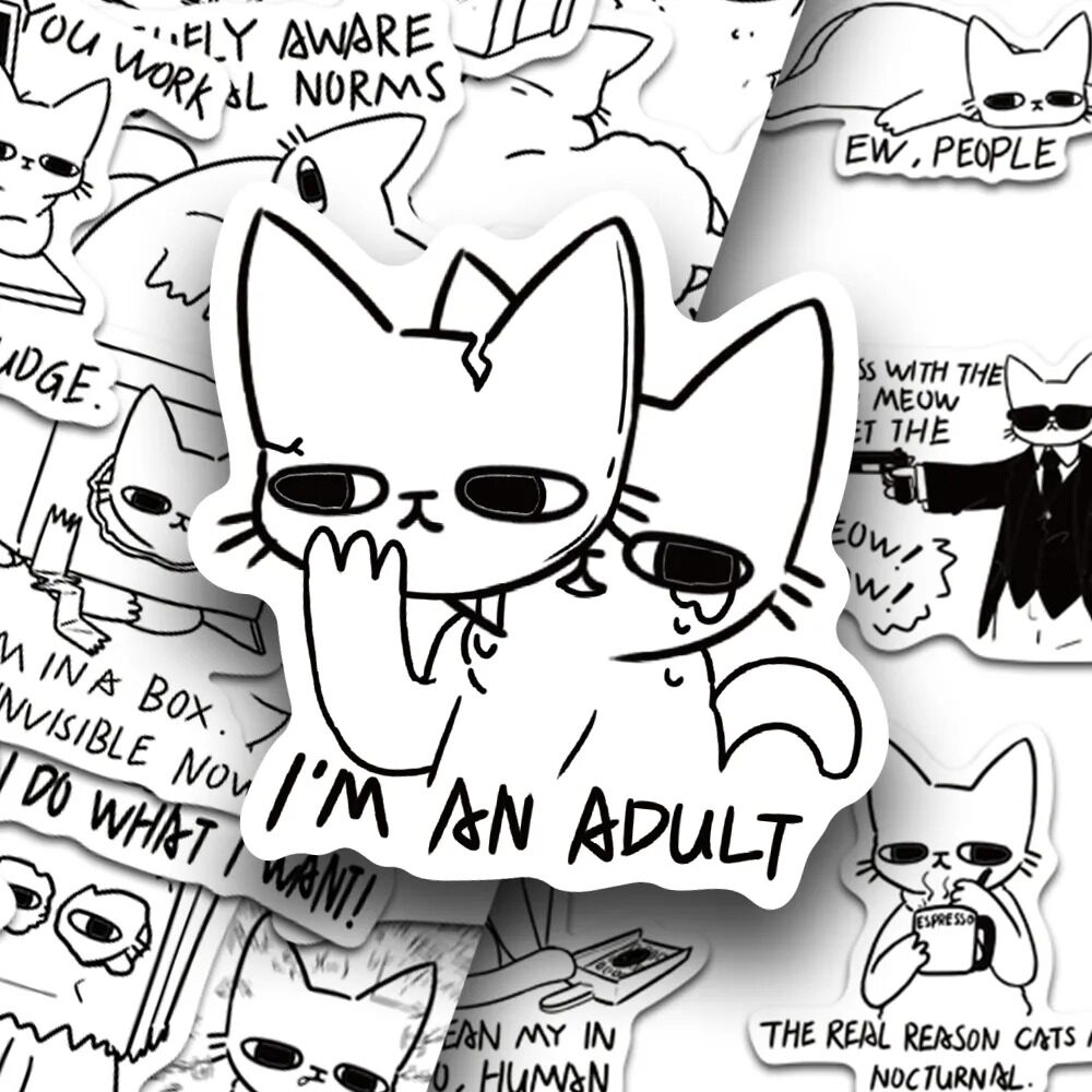 150张Cat MEME小猫咪贴纸卡通黑白手账手机壳笔记本装饰防水贴画