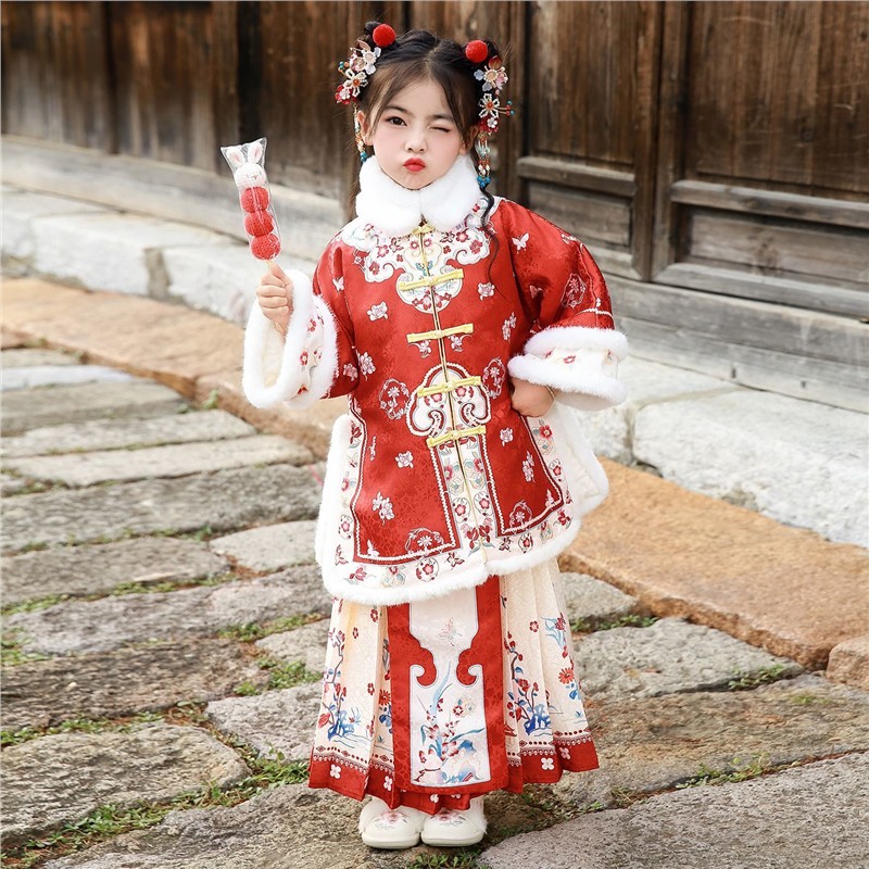 儿童汉服秋冬新款加厚明制冬季中国中式马面格格古装套装唐装拜年