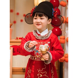 男童汉服长袍唐装冬款宋制龙年宝宝喜庆生日状元服儿童红色拜年服