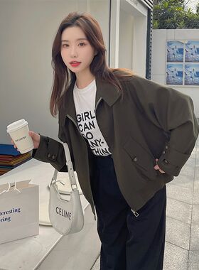高级感军绿色外套女春秋2024新款小个子韩版宽松休闲短款工装外套