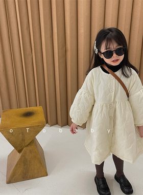 2021冬季韩国童装女童韩版刺绣绗线小棉裙儿童泡泡袖加厚棉衣外套