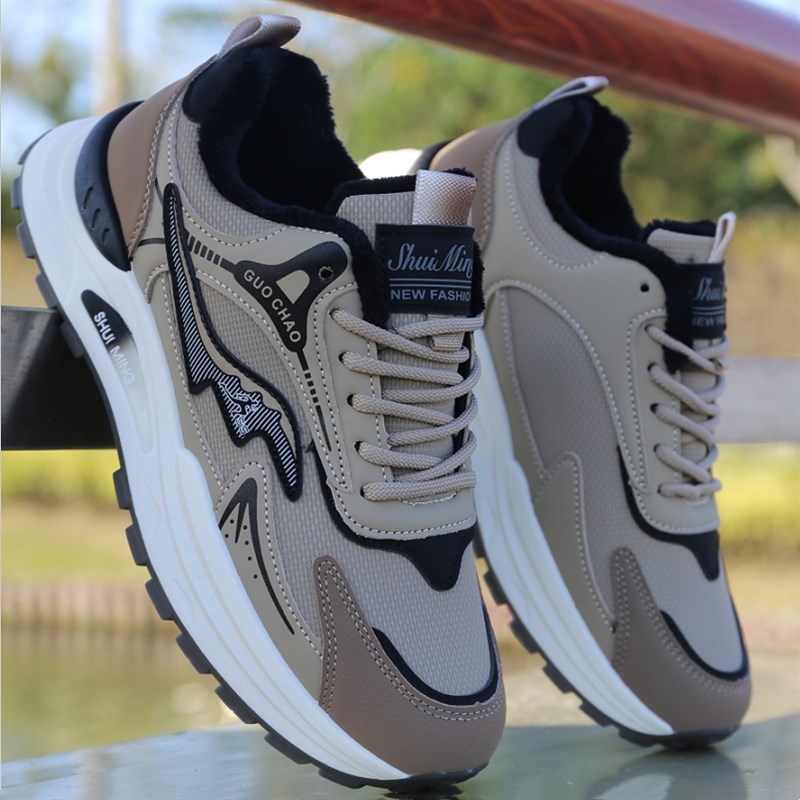 秋冬季加绒保暖鞋子男软底防滑耐磨运动跑L步鞋防水皮面休闲棉鞋