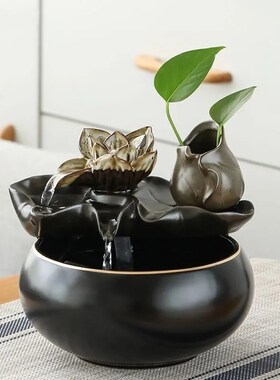 创意新中式生财流水陶瓷摆件桌面客厅茶桌办公室小型装饰品循环水