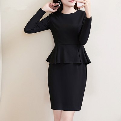 黑色长袖大码连衣裙胖mm职业装工装裙200斤遮肚显瘦珠宝店工作服