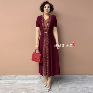 高端夏季短袖年轻妈大码镶钻连衣裙南韩丝弹力收腰高级感轻奢长裙