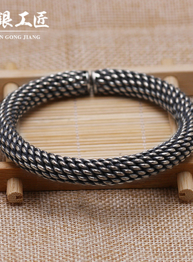 手工订做纯银男款手镯999粗芙蓉麻G花绞丝开口复古时尚手环定制