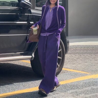 早秋穿搭一整套女韩版拼接假两件圆领长袖上衣时尚宽松显瘦阔腿裤