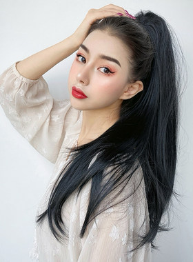 网红黑色高马尾辫子假发女直发 自然抓夹式超轻 发尾微卷中长发