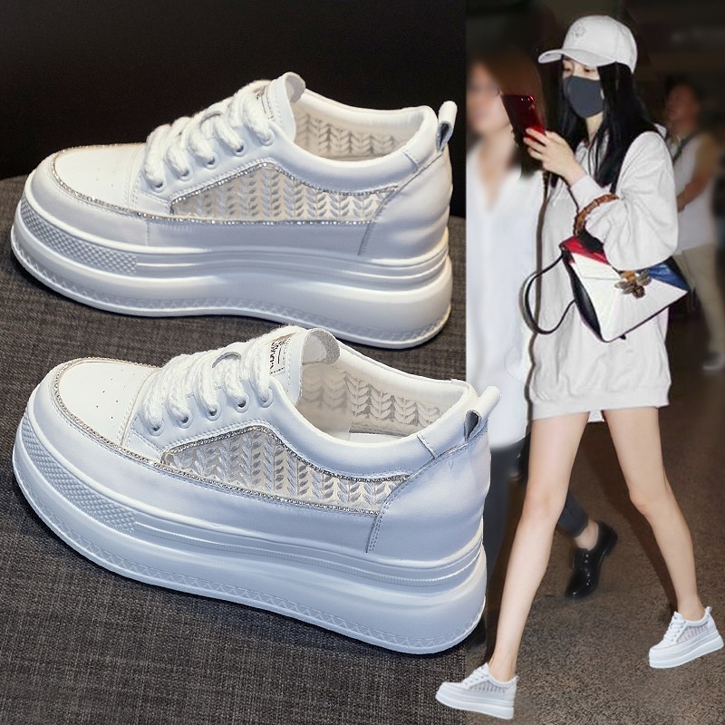 内增高小白鞋女2025夏t季新款真皮透气网面单鞋厚底小个子休闲板