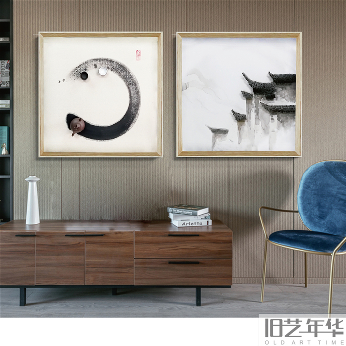 新中式简约抽象建筑马头墙装饰画茶室抽象手绘水墨实物立体工艺画