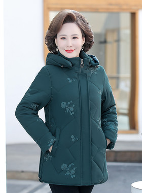 中年妈妈冬装新款棉衣外套棉袄中老年女绣花连帽加厚中长版羽绒棉