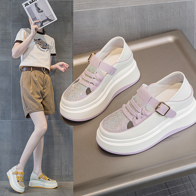 厚底凉鞋女夏季外穿镂空水钻内增高女鞋K真皮绿色运动旅游凉拖鞋