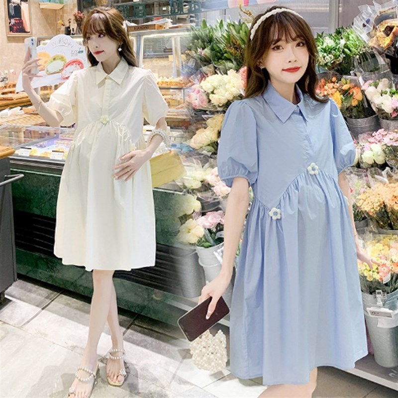 孕妇裙子夏天小个l子中长款宽松遮肚甜美孕妇连衣裙夏季潮妈衬衫
