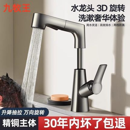 洗手盆抽拉式升降水龙头全铜家用洗脸盆卫生间T面盆冷热卫浴龙头